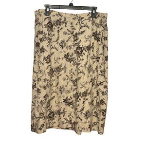 Dialogue Vintage-Inspired Beige & Brown‎ Floral A-Line Skirt 20W Linen Blend